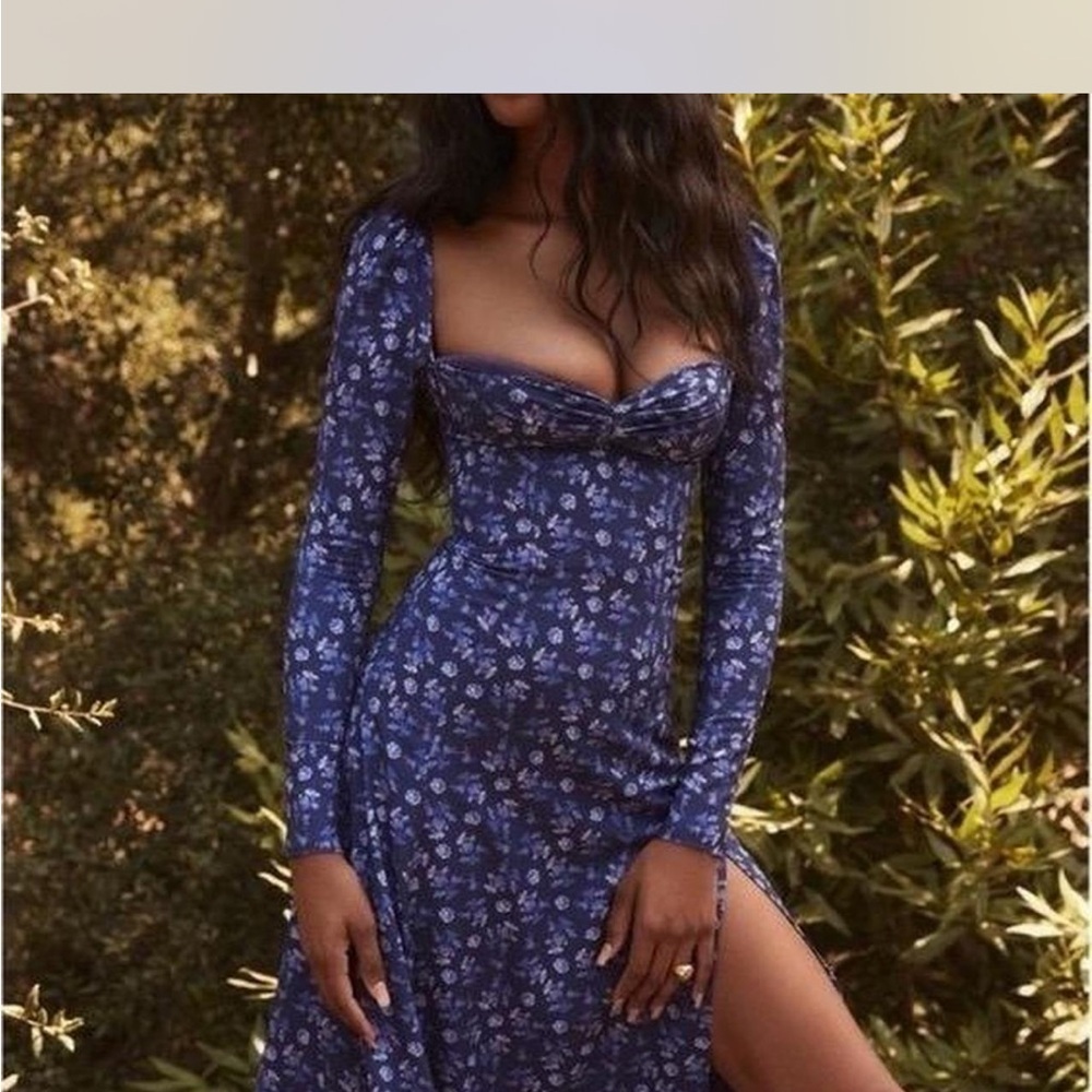 Floral Long Sleeve Blue Dress